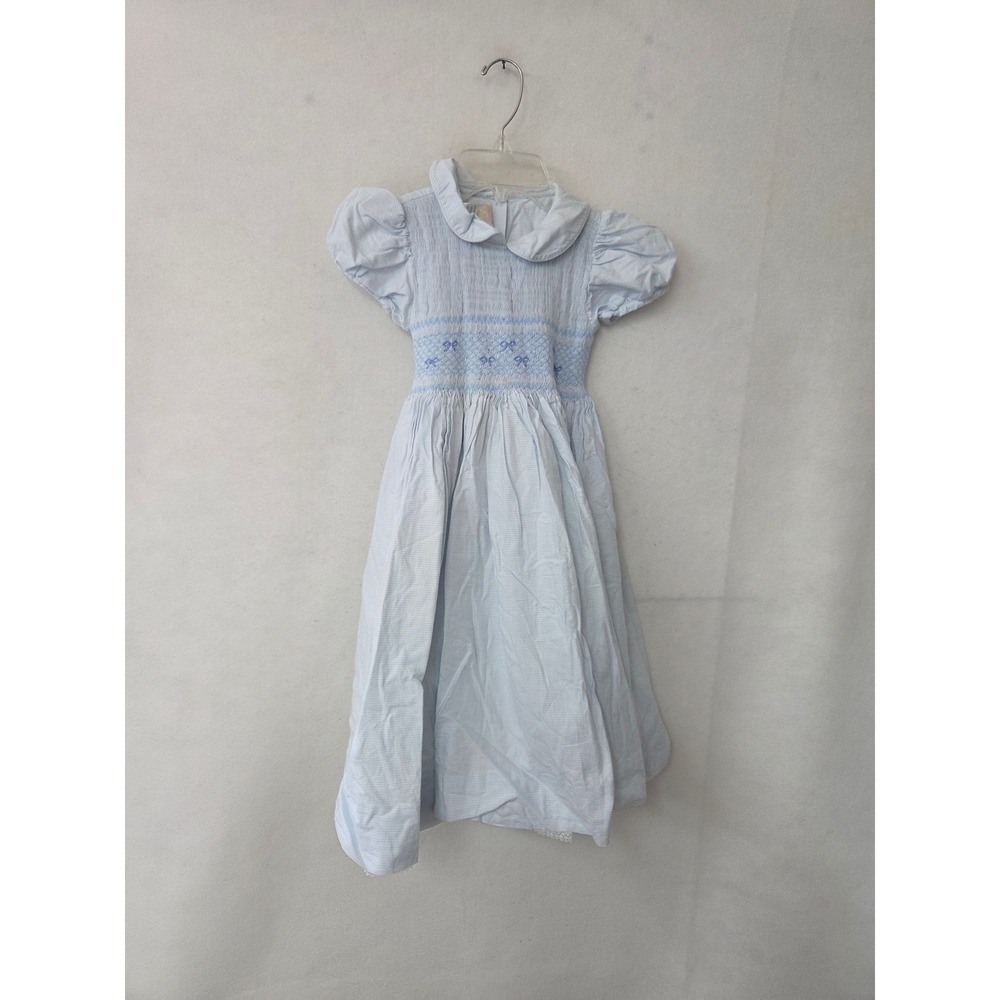 Best & Co Smocked Dress Girls 6Y Light Blue Gingham Peter Pan Collar Puff Sleeve